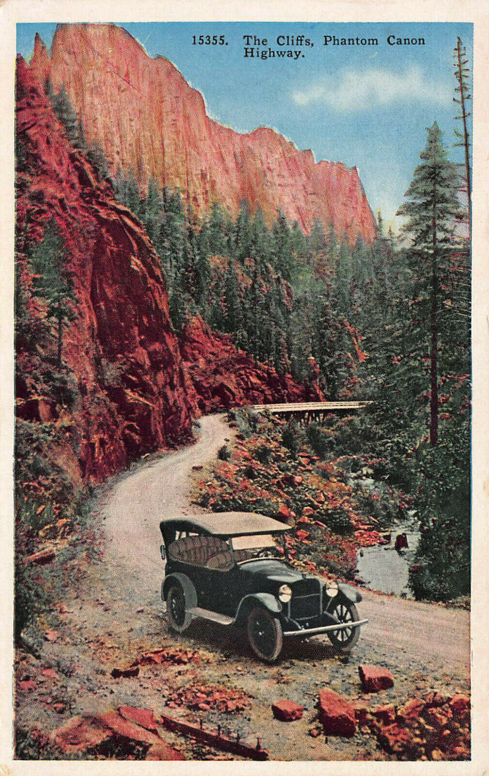 The Cliffs, Phantom Canon Highway, Colorado and Car, Early Postcard, Unused 
