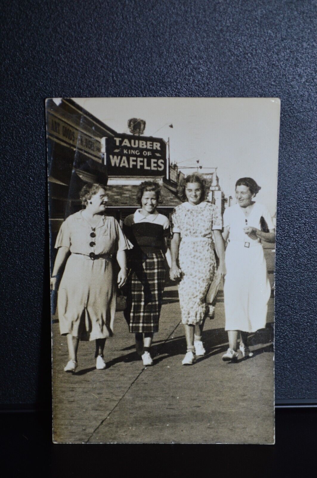 1937 RPPC 4 Women on Boardwalk Tauber King of Waffles Sign Wildwood NJ Postcard