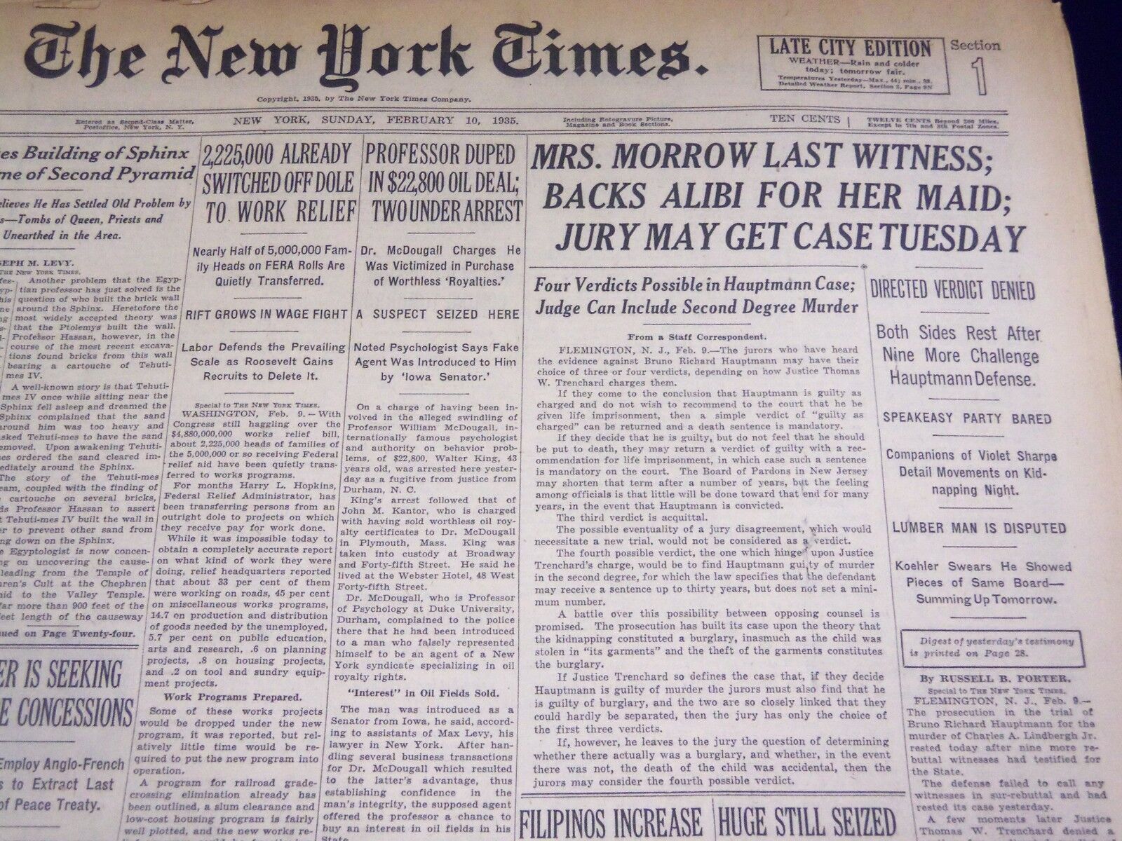 1935 FEBRUARY 10 NEW YORK TIMES - MRS. MORROW LAST WITNESS BACKS MAID - NT 1919