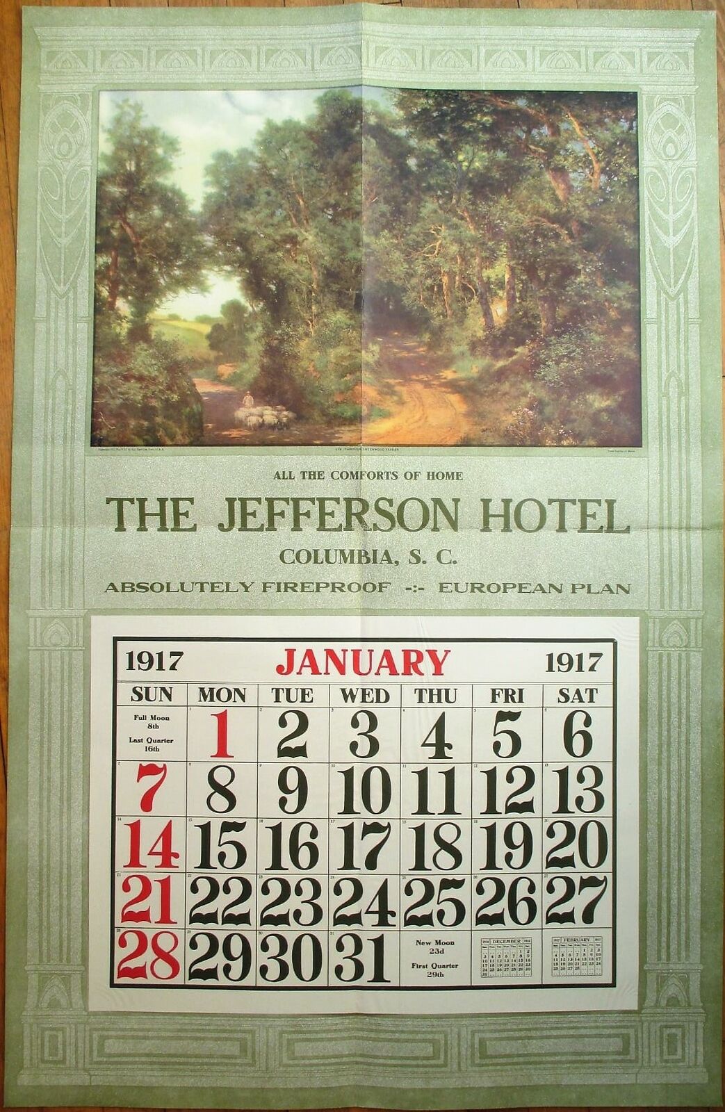 Columbia, SC 1917 Advertising Calendar/GIANT 27x42 Poster: Hotel- South Carolina