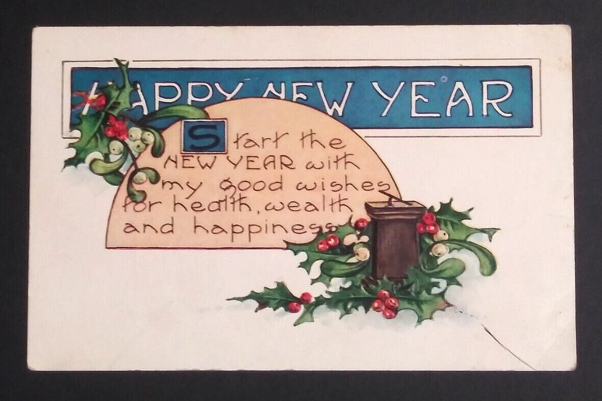 Happy New Year Holly Berries Whitney Made Embossed Postcard c1920s