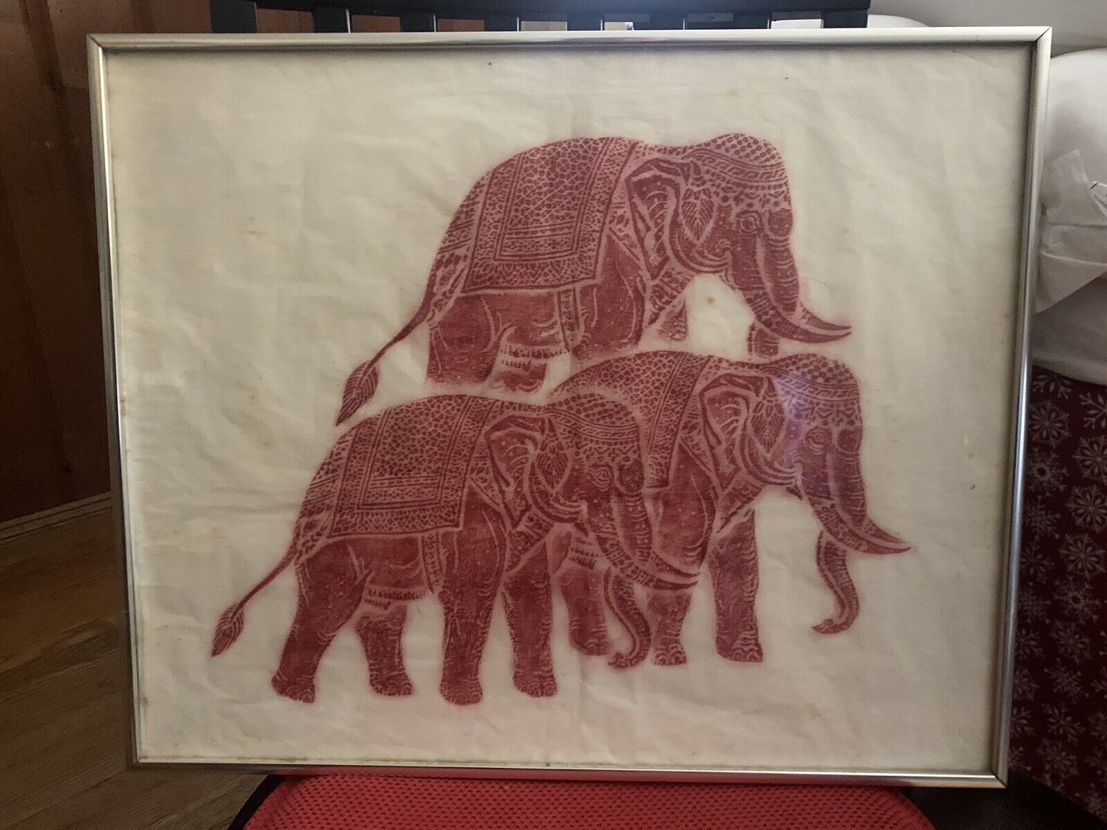 Rare Red Thai Temple Rubbing 18”x 22” Made in Thailand￼ Three Elephants ￼