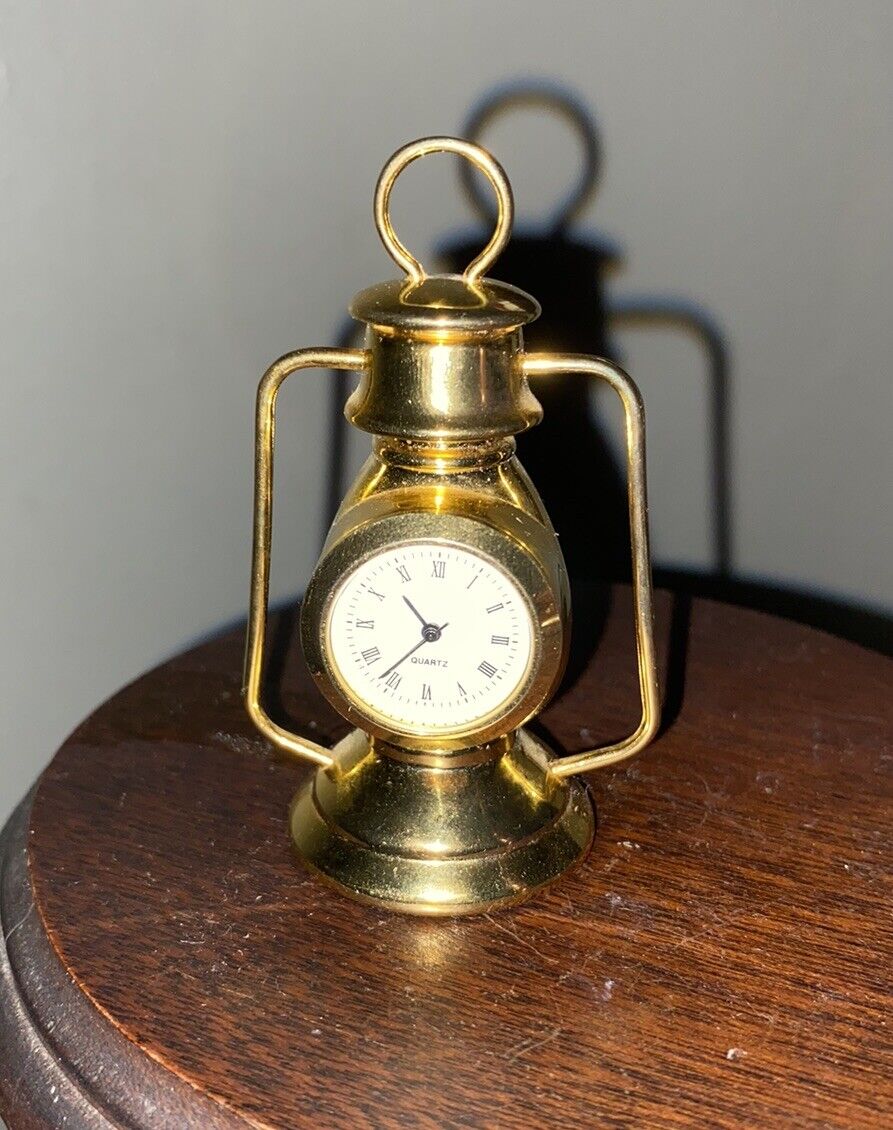 Vintage Miniature Brass Colored Hurricane Lantern Desk Clock Watch Curiosity