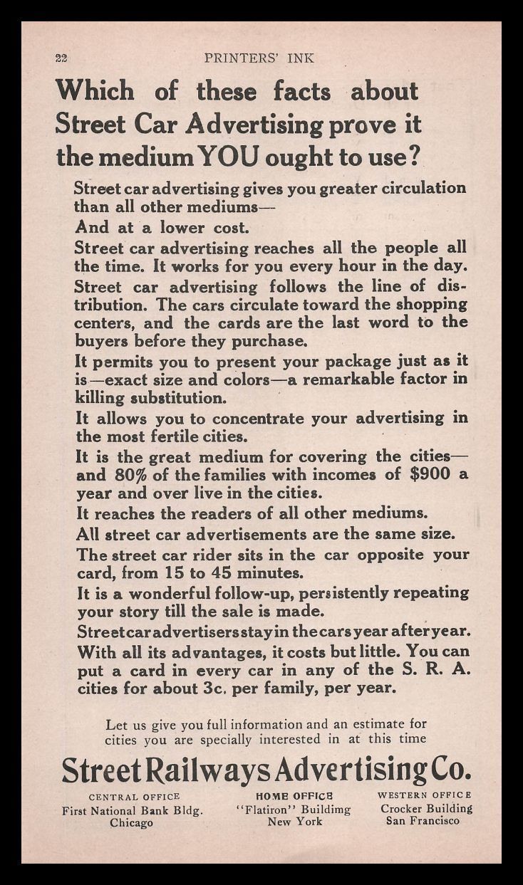 1914 Street Railways Advertising Co. Streetcar Facts & Demographics Print Ad