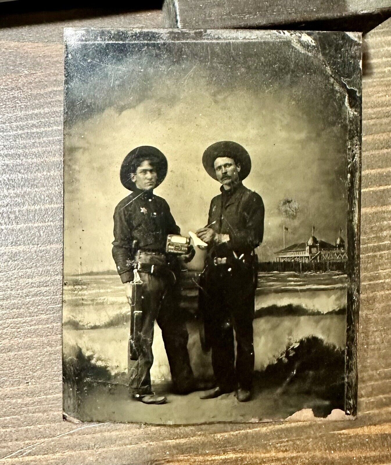Rare Occupational Telegraph Linemen Cowboy Hats & Tools Antique Tintype Photo