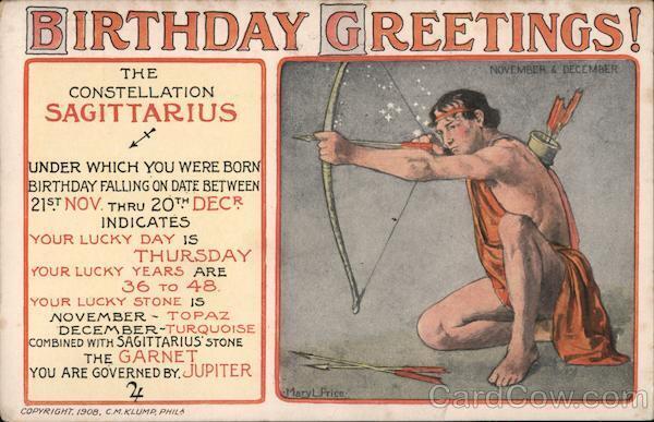 Birthday Greetings-The Constellation Sagittarius C.M. Clump Postcard Vintage