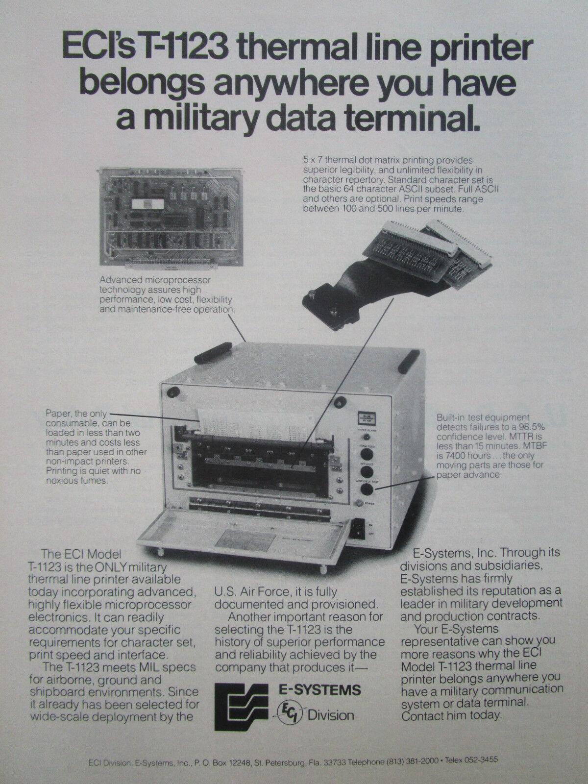 9/1977 PUB E-SYSTEMS ECI T-1123 MILITARY THERMAL LINE PRINTER ORIGINAL AD