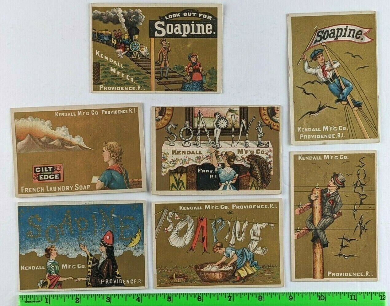 Vintage (Lot of 7) 1880\'s Soapine Wizard Man on Wire Train Victorian Trade Cards