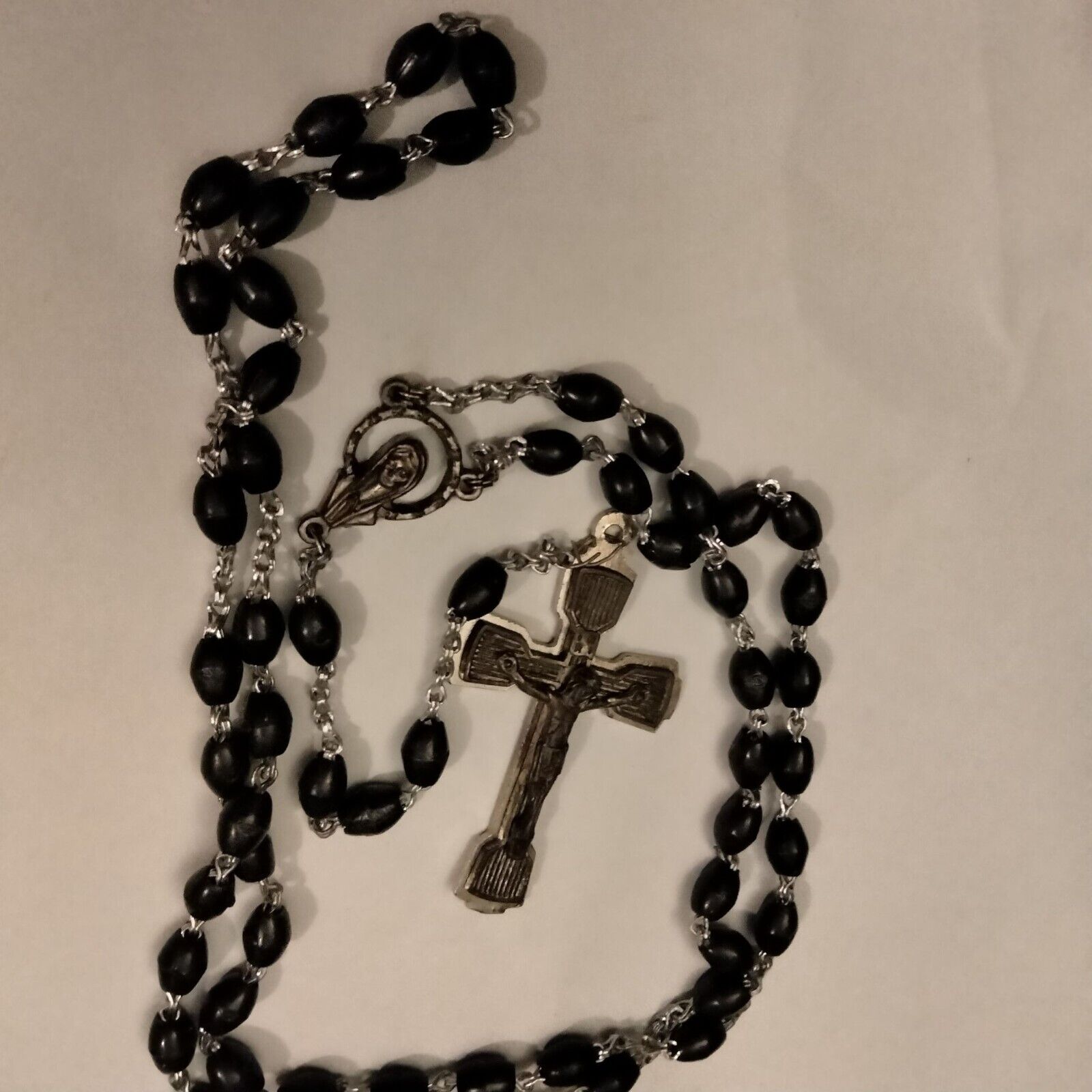 Vintage Catholic Rosary Black Silver Tone Crucifix Mother Mary Christian