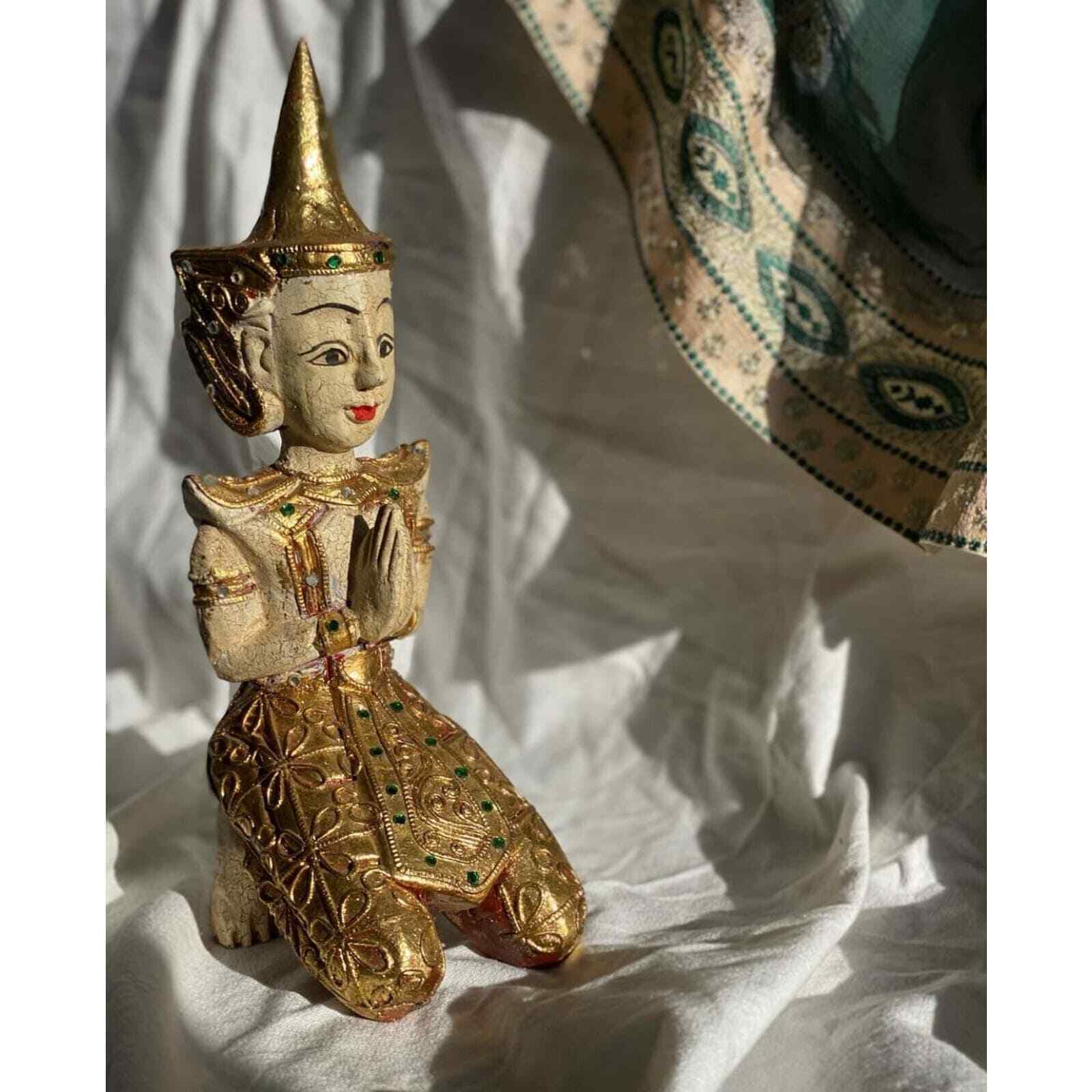 Vintage Wooden Thai Statue, Thailand, embellished, temple guard, meditating