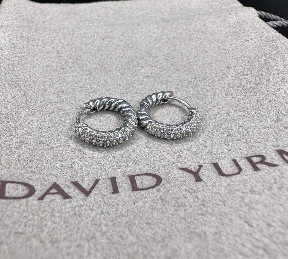 David Yurman Sterling Silver 925 Ostera Petite Pave Diamond Huggie Hoop Earrings
