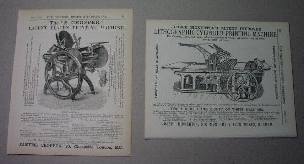two 1873 ads: PRINTING PRESS MACHINES; Bickerton of Oldham & Cropper; Cheapside