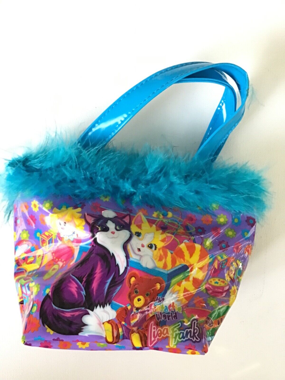 Vintage 90’s RARE Lisa Frank Kittens Cats & Toys Blue Feathers Zipper Bag Tote
