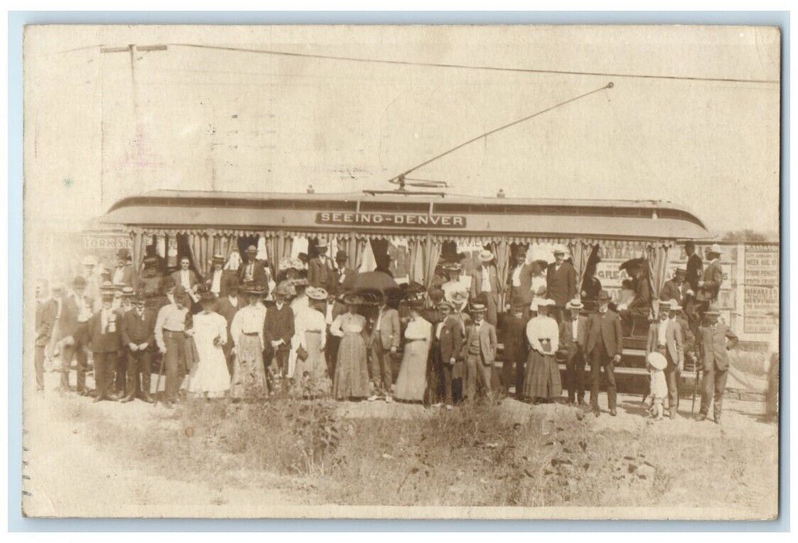 1905 Tourist Trolley Car Crowd Seeing Denver Colorado CO RPPC Photo Postcard