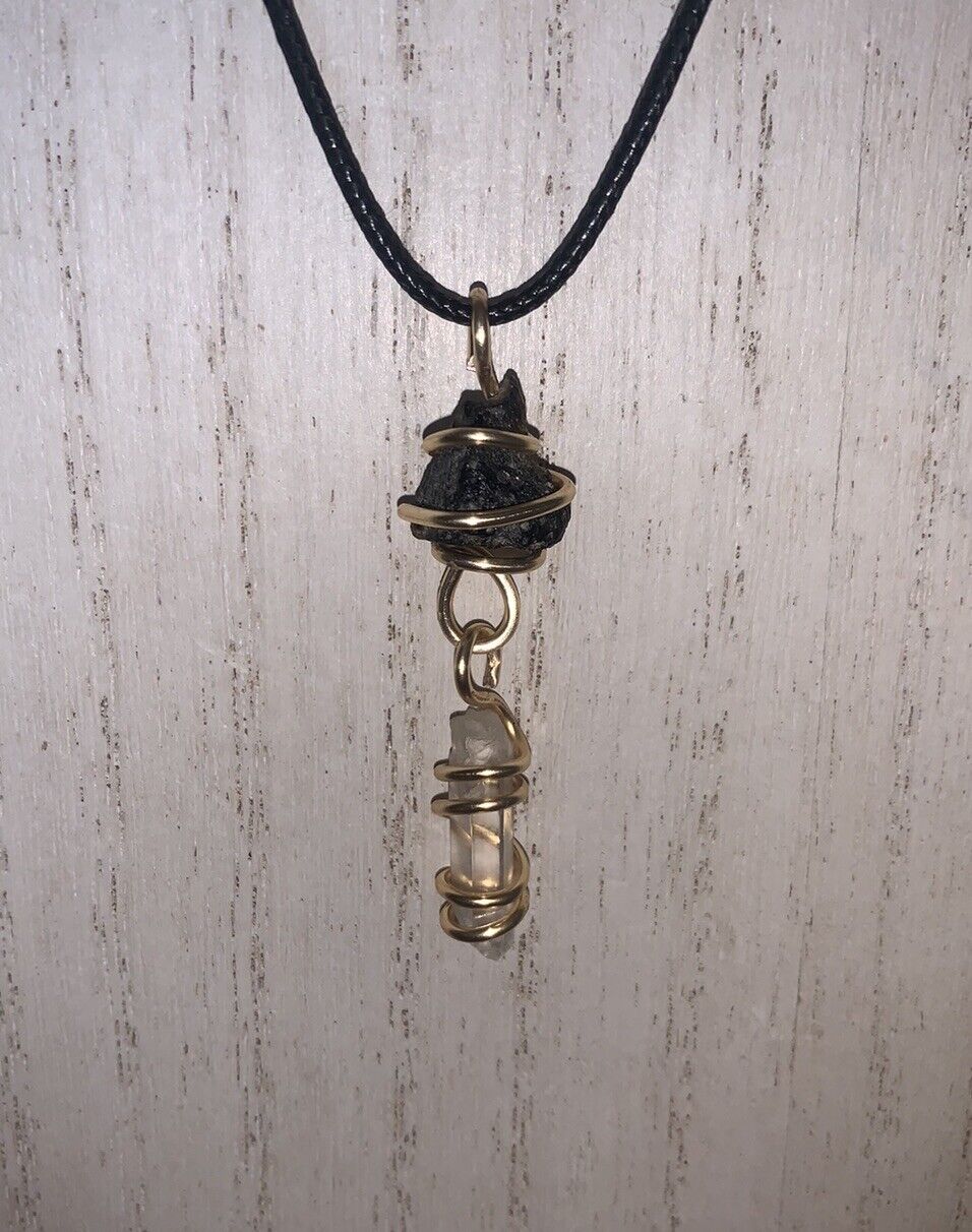 Handmade Tektite Meteorite Quartz and Gold Tone wire wrapped Necklace Reiki
