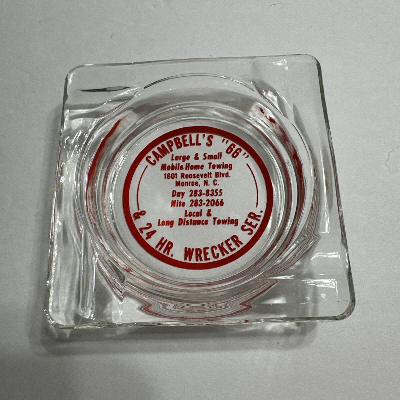 Vintage - Campbell’s 66 Wrecker Service Advertising Glass AUTO Ashtray