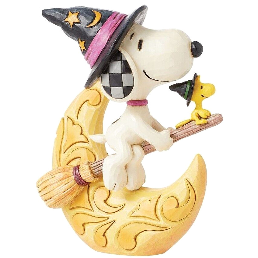 ✿ New JIM SHORE PEANUTS Snoopy Figurine WITCH BROOM Halloween Moon Woodstock