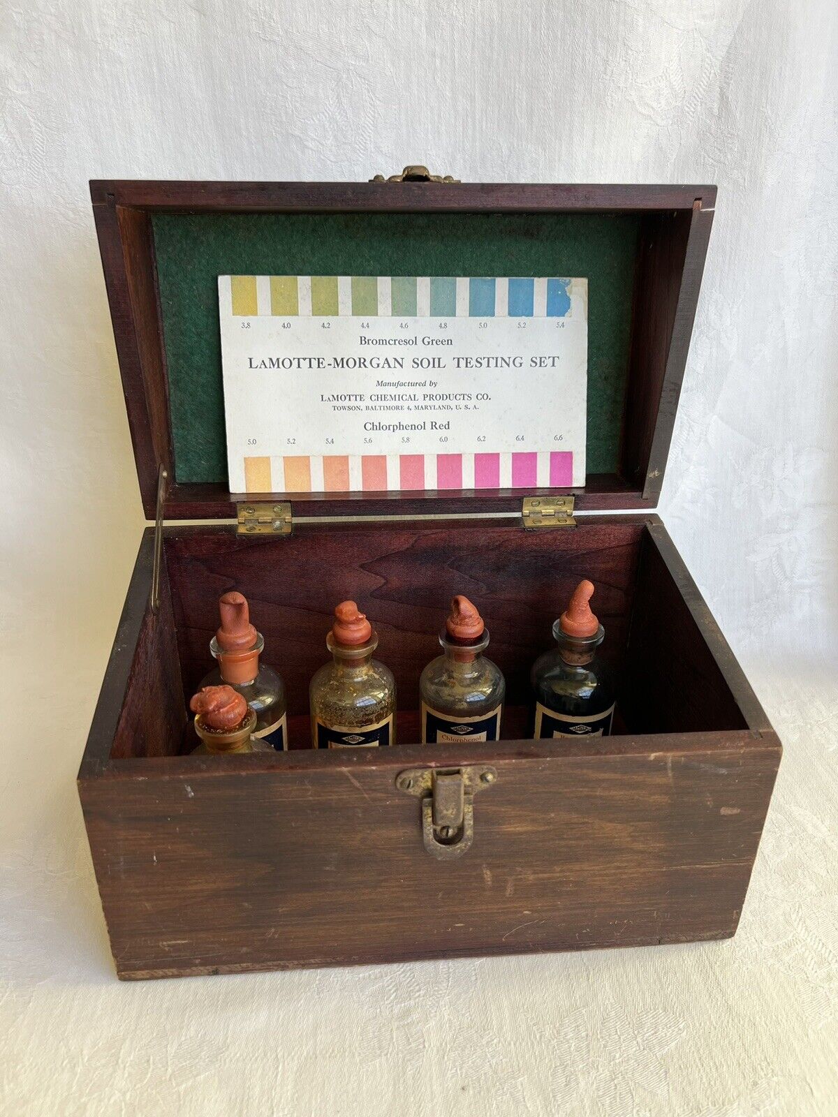Vintage LaMotte Chemical Morgan Soil Testing Kit Wood Box Antique Empty Bottles
