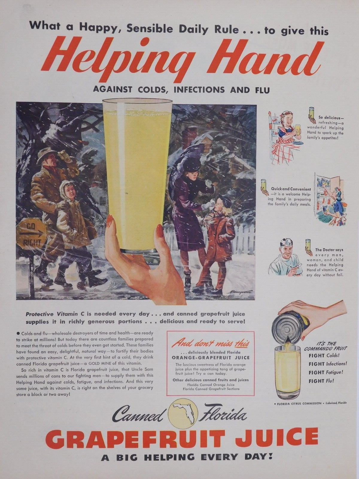 1945 Florida Citrus Vintage Print Ad Grapefruit Juice Vitamin C Orange Drink