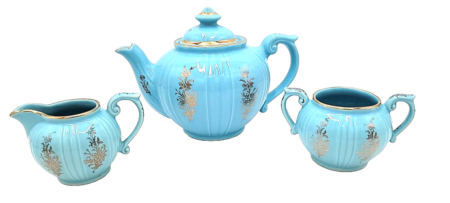 Vintage 3pc Tea Set Turquoise 22kt Handpainted Floral Design Pearl China Co