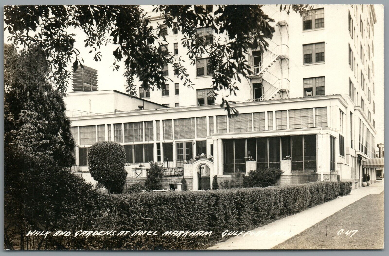 RPPC Postcard Gulfport MS Walk and Gardens at Hotel Markham patio view Unposted