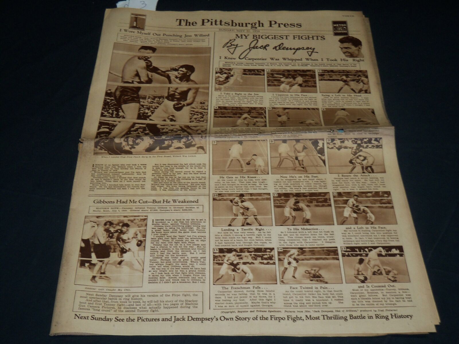 1936 MAY 31 THE PITTSBURGH PRESS SUNDAY GRAVURE- DEMPSEY BIGGEST FIGHTS- NP 4540