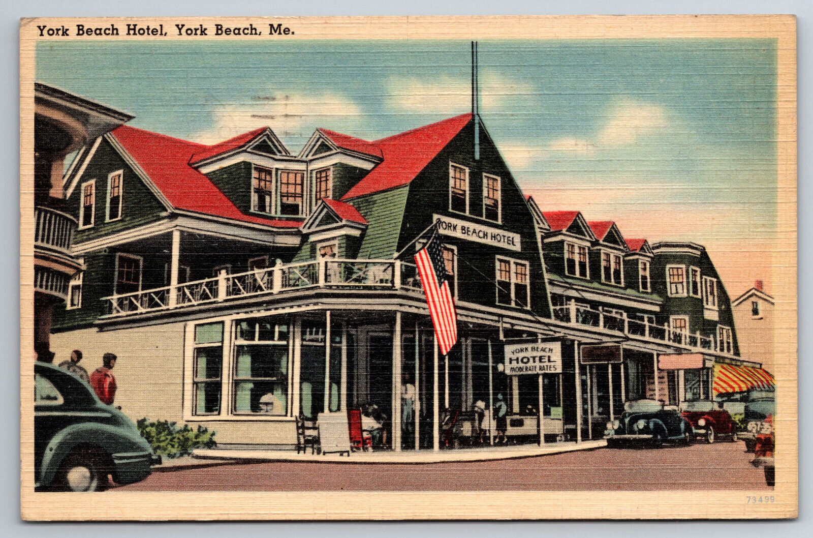 Vintage Postcard ME York Beach Hotel Old Cars People Shops c1944 ~1421