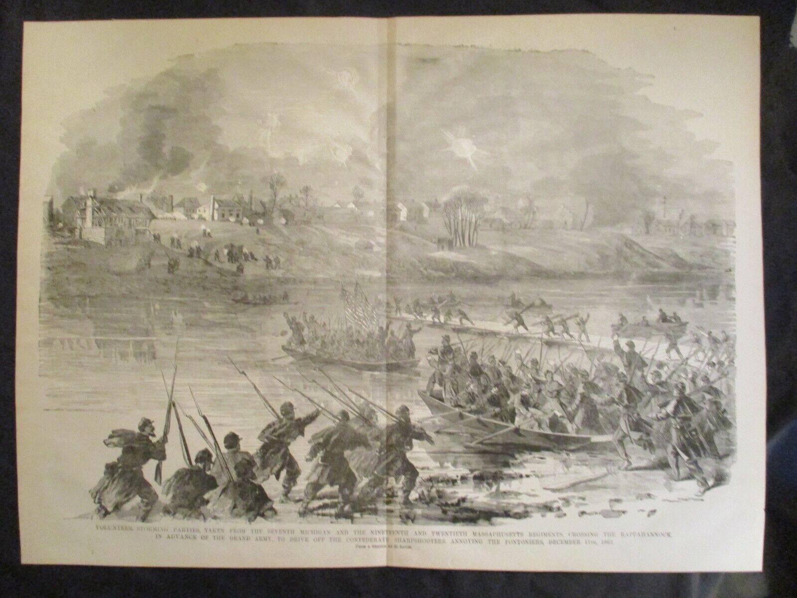 1884 Civil War Print - Michigan & Massachusetts Regiments Attack Fredericksburg