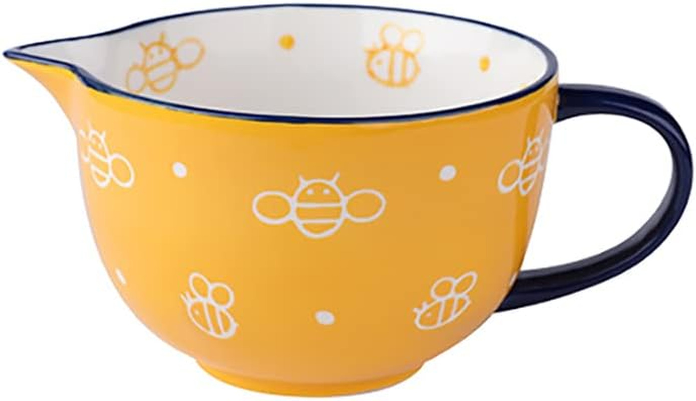 Cute Bee Pattern Kitchen Ceramic Mixing Bowl, 0.5 Quart Large Bowl, with Pouring