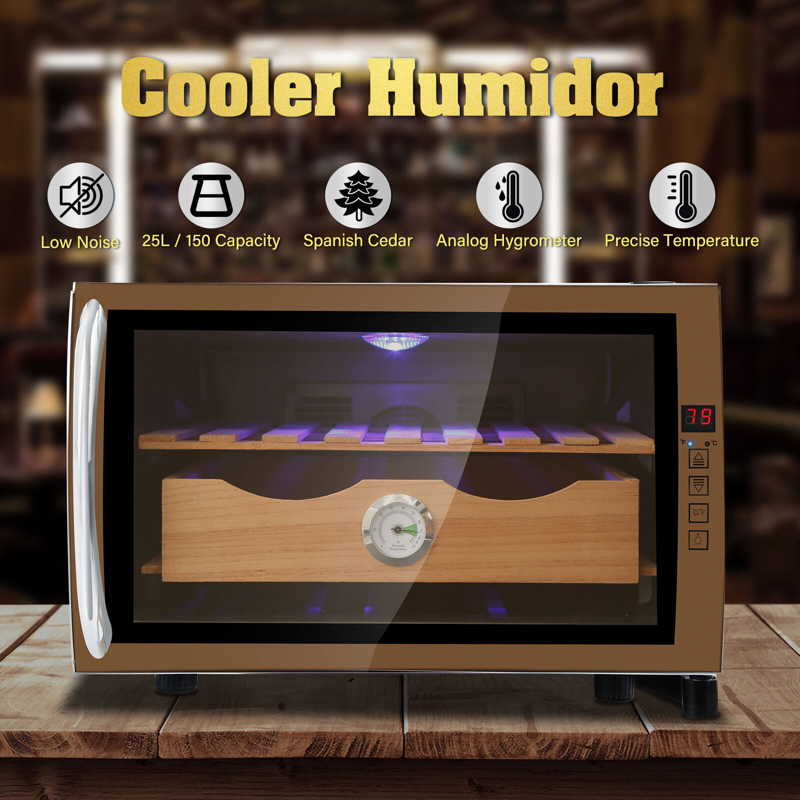 25L Electronic Cigar Humidor Cooler Desktop ETL&FCC-Approved +Spanish Cedar Wood
