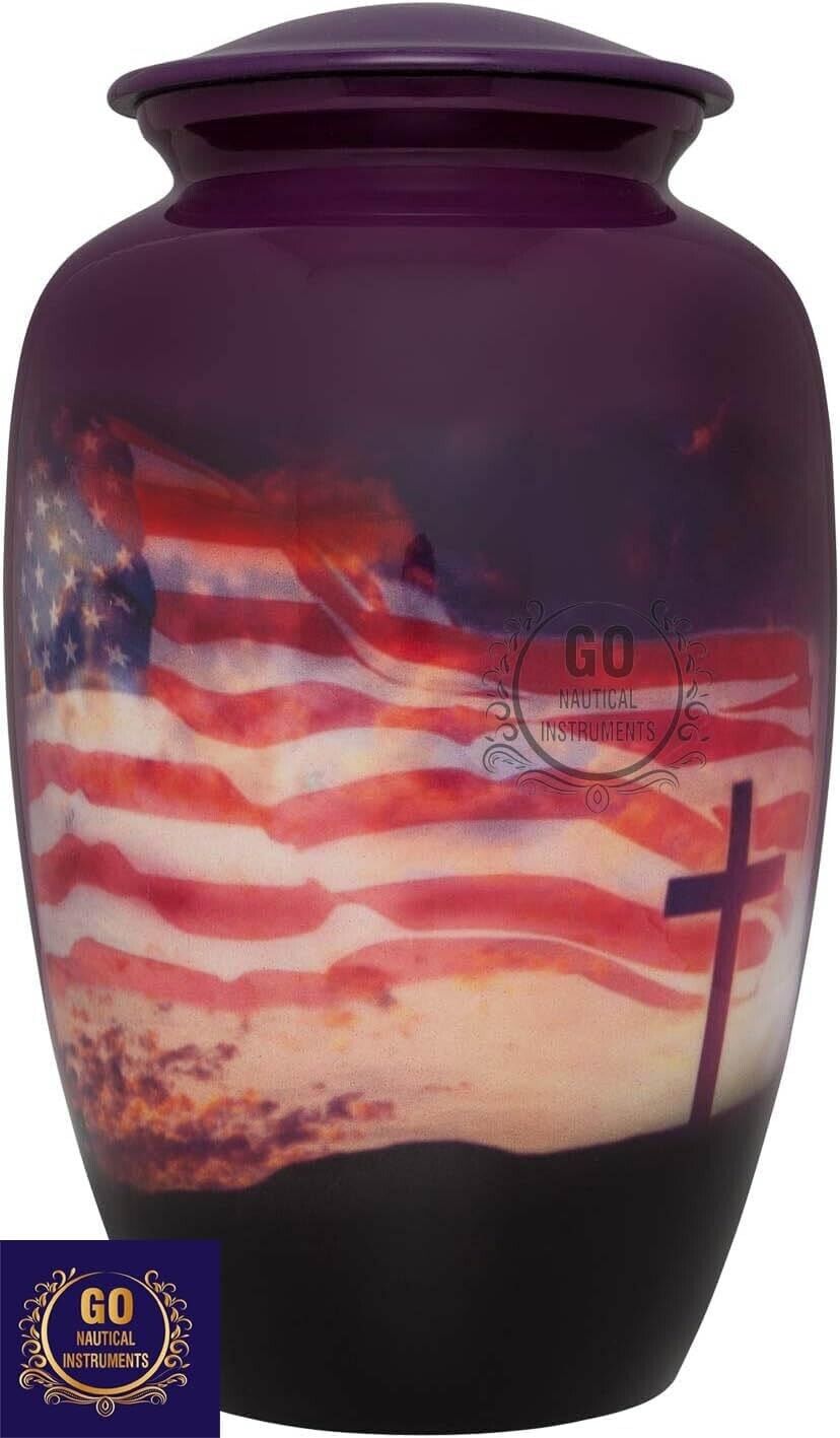 10 Inch Flag & Cross Cremation Urn Keepsake Memorial Urns Honor Your Loved One