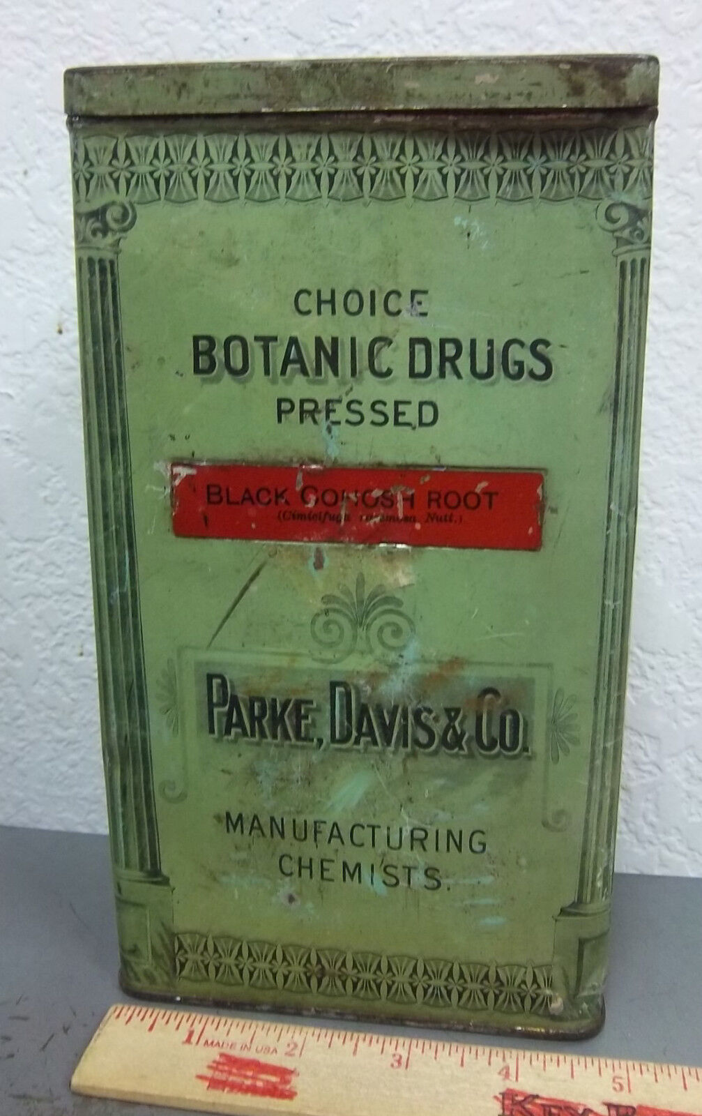 Vintage Parke, Davis Large Black Cohosh root spice tin, great graphics, botanic 
