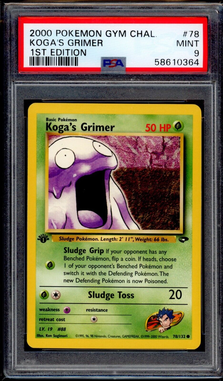 PSA 9 Koga\'s Grimer 1st Edition 2000 Pokemon Card 78/132 Gym Challenge