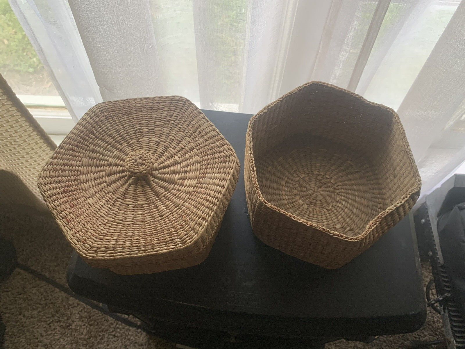 Vintage Woven Wicker Hexagon Shaped Storage Baskets - Set of 2