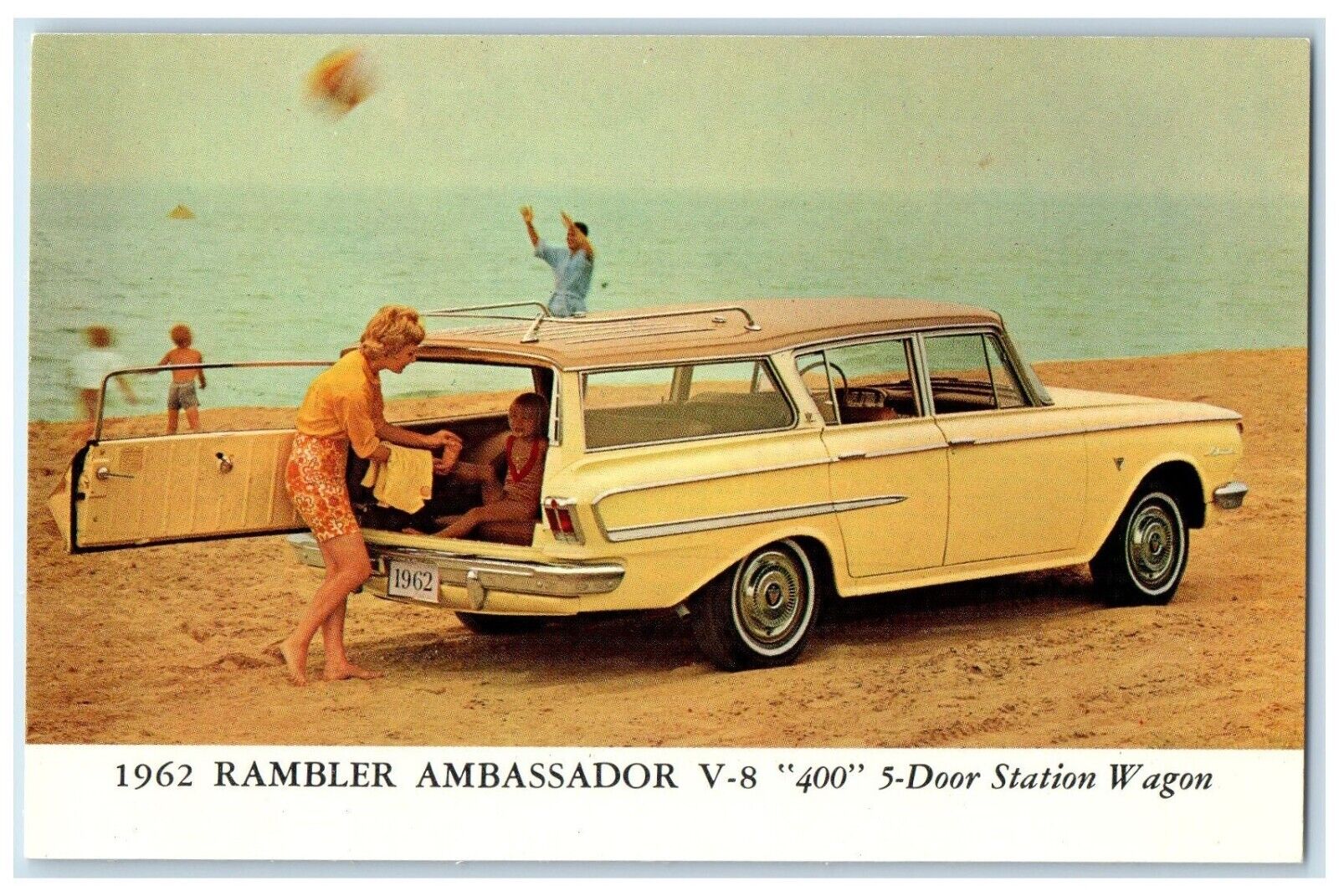 1962 Rambler Ambassador V-8 400 5 Door Station Wagon Car Beach Scene Postcard