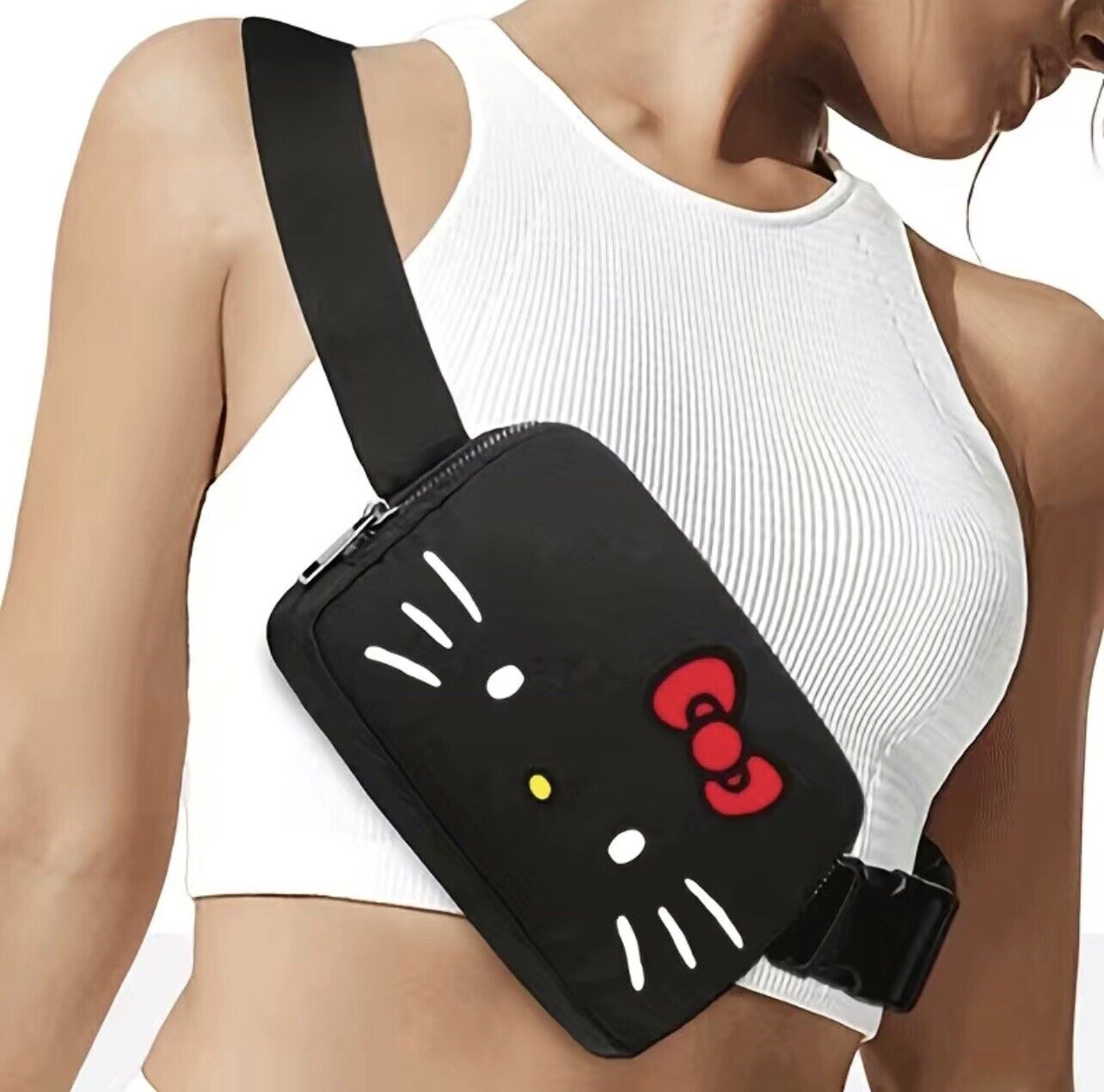 Sanrio Hello Kitty One Strap Back Pack Fanny Bag BlackPurse Nylon Crossbody Y2K