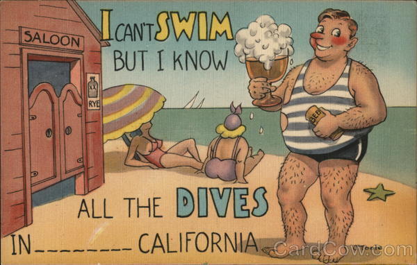 I Can Swim But I Know All the Dives in _____ California Alcohol Linen Postcard