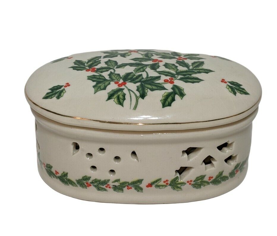 Vintage Christmas Holly Berry Potpourri Dish / Trinket Box 