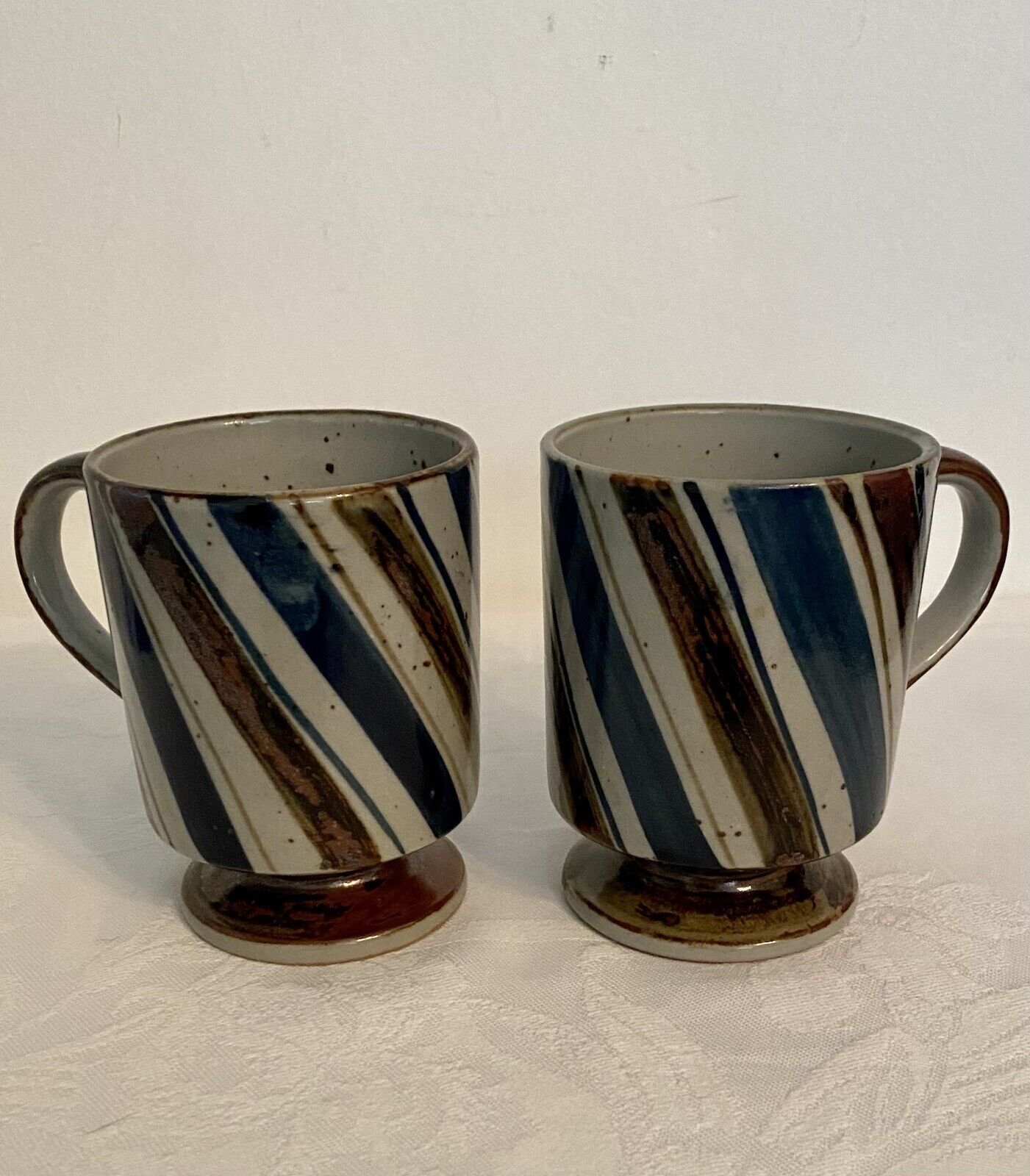 Vintage Speckled Stoneware Pedestal Coffee Mugs 1970s Otagiri Style Set Of 2
