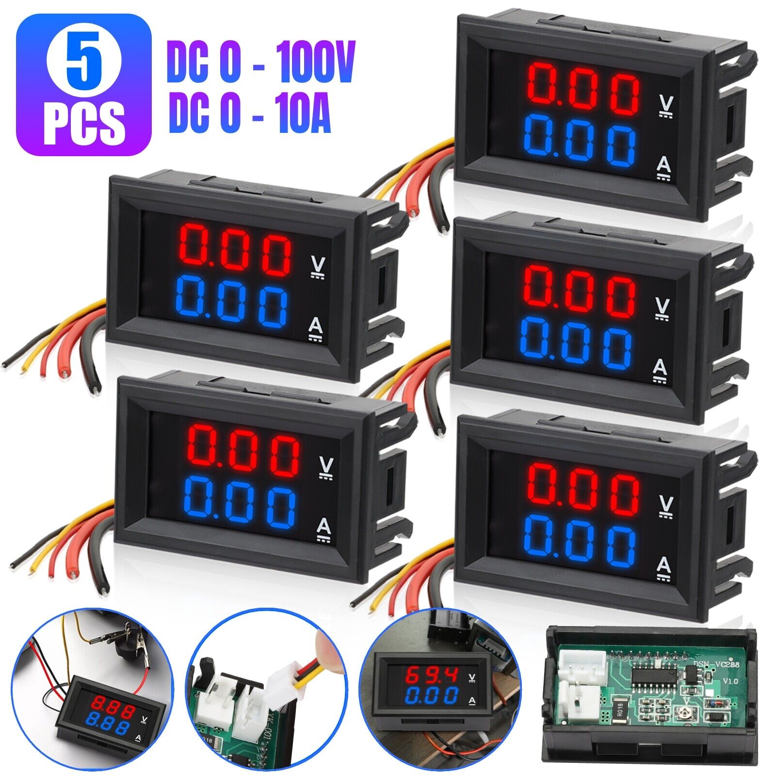 5Pcs DC 100V 10A LED Digital Voltmeter Ammeter Dual Volt Amp Meter Voltage Gauge
