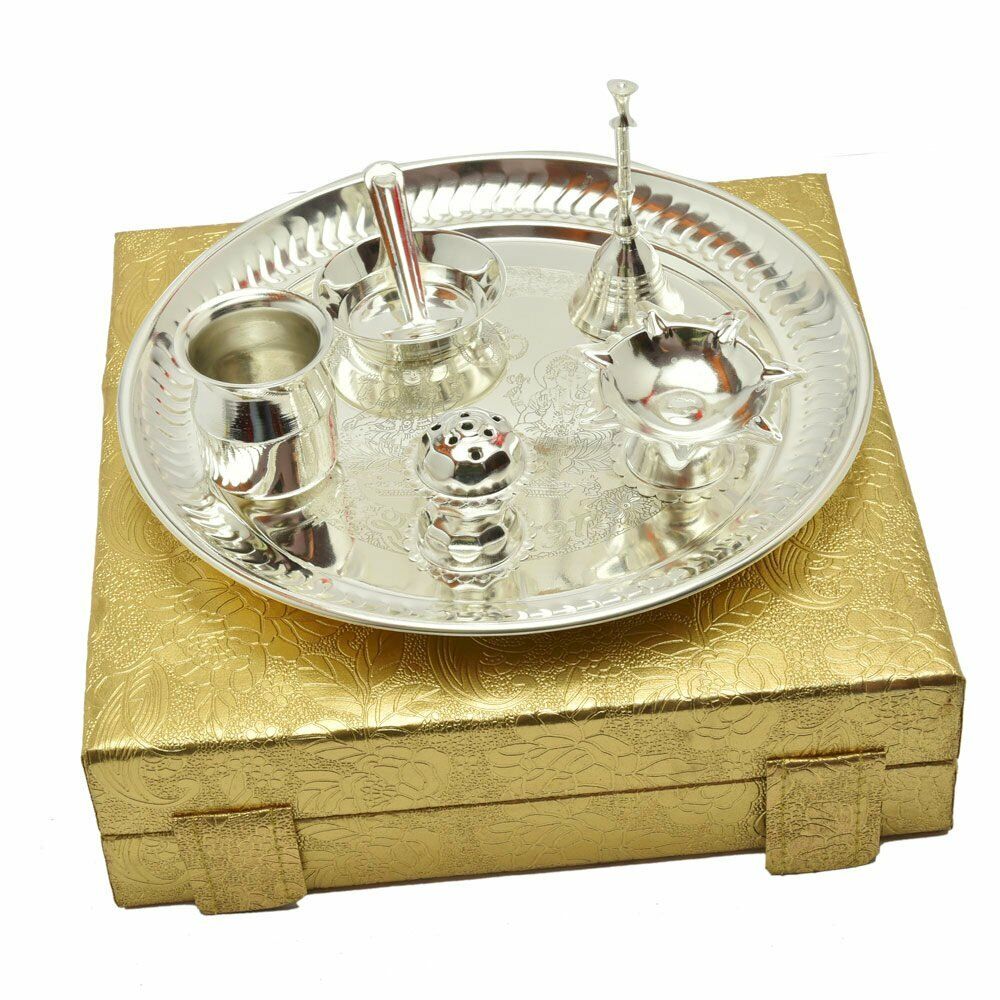 Decorative Silver Plated Puja Thali Set Laxmi Ganesha Embossed with Gift Box