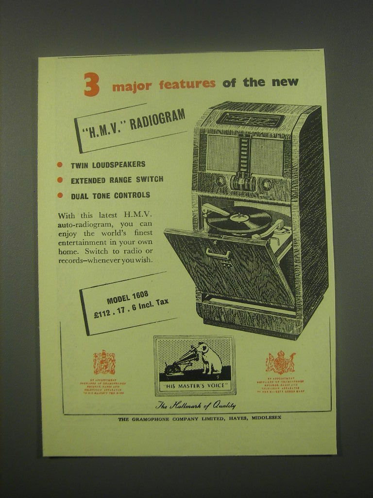 1949 HMV Radiogram Model 1608 Ad - 3 major features of the new H.M.V. Radiogram