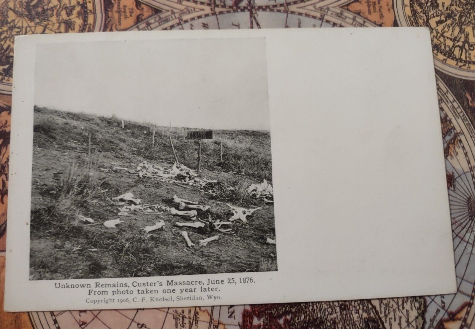 RARE POSTCARD GENERAL CUSTER 30 YEARS AFTER BATTLE.  FIELD OF BONES UNKNOWN SIGN
