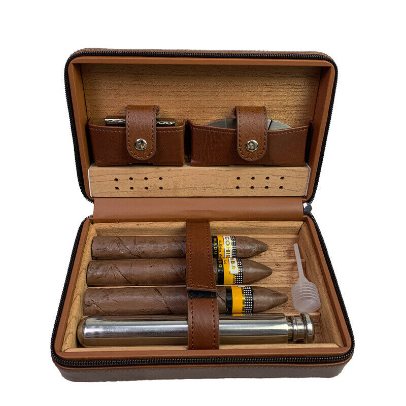 Portable Brown Cigar Case Cedar Wood Leather Travel Humidor Box 4 Cigars
