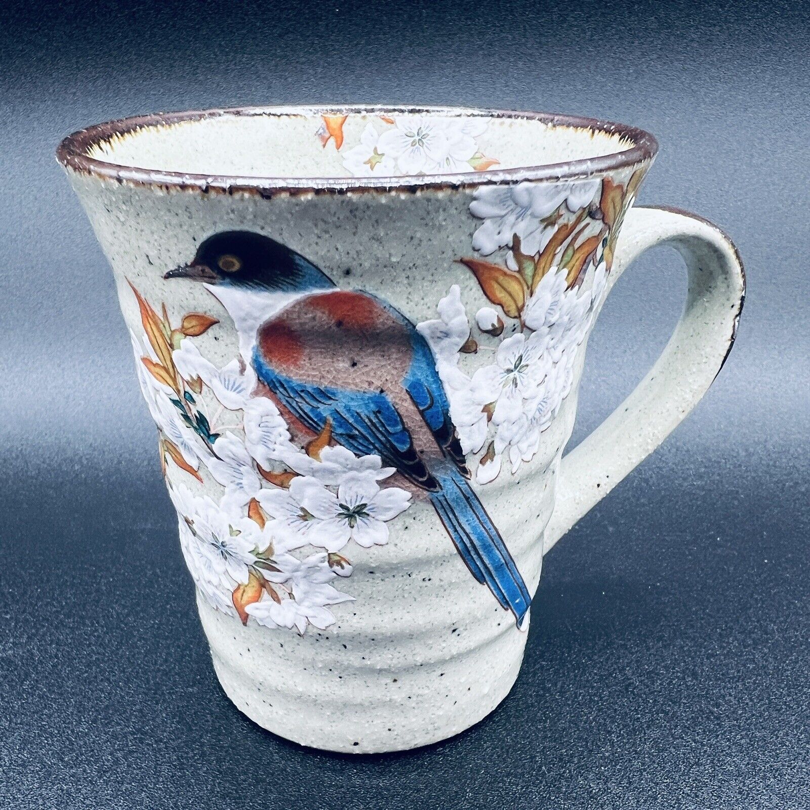 Kutani Yaki Ware Pottery Mug Tea Cup Cherry Blossoms Bird Made in Japan Boxed