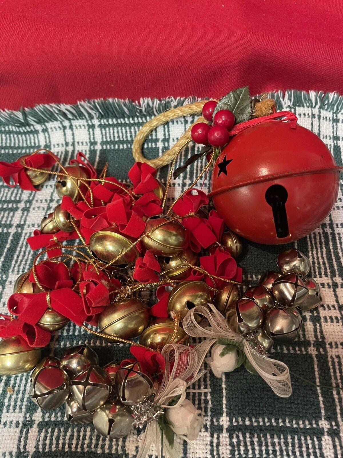 Lot of 39 Jingle Bell Ornaments with Red Ribbon Bows Various Sizes.