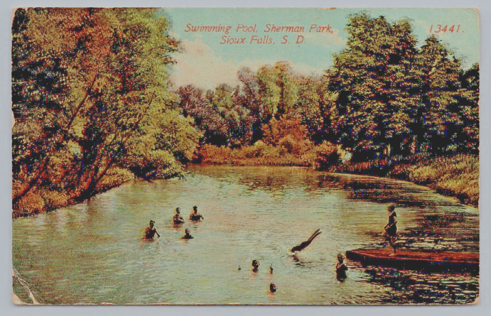 Postcard 1914 Sioux Falls South Dakota Swimming Pool Natural Pond Trees A17
