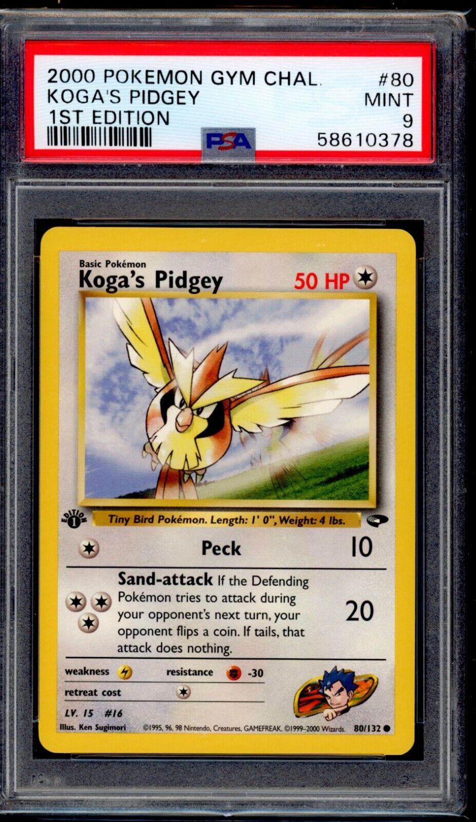 PSA 9 Koga\'s Pidgey 1st Edition 2000 Pokemon Card 80/132 Gym Challenge