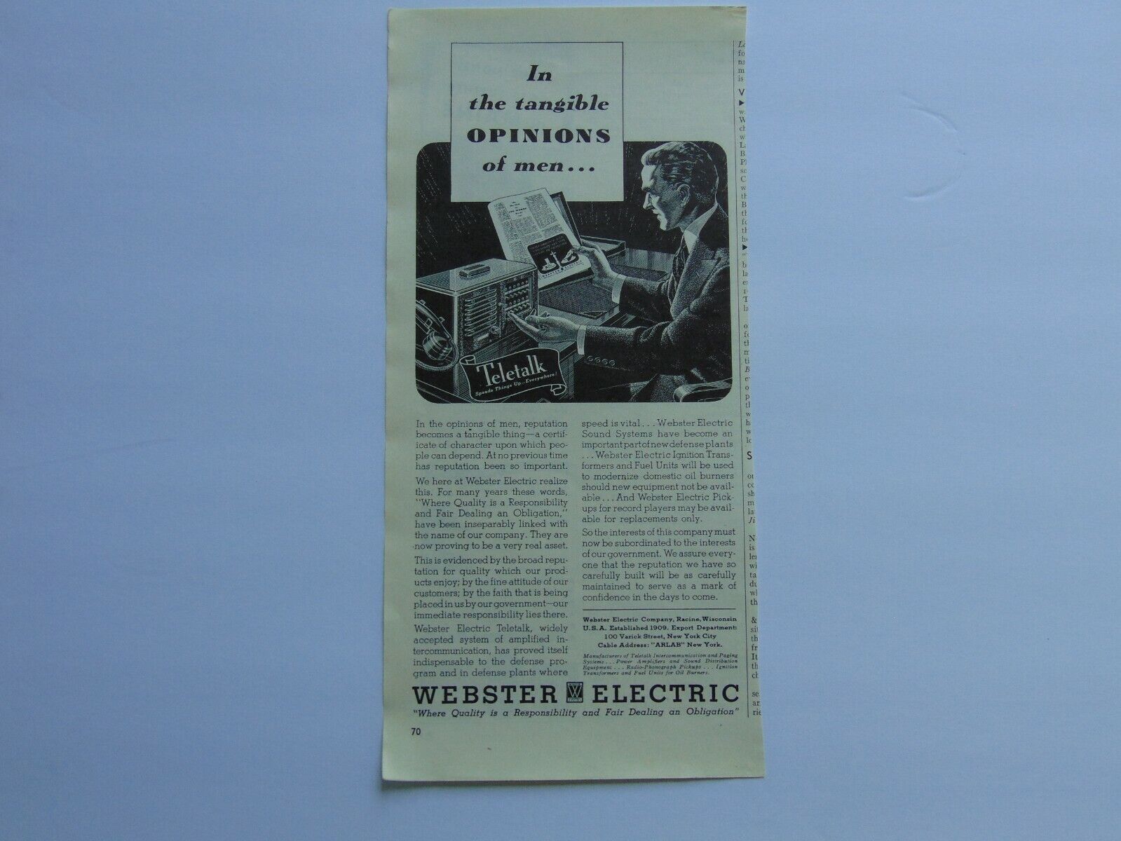 1942 WEBSTER ELECTRIC TELETALK Intercomunication vintage art print ad