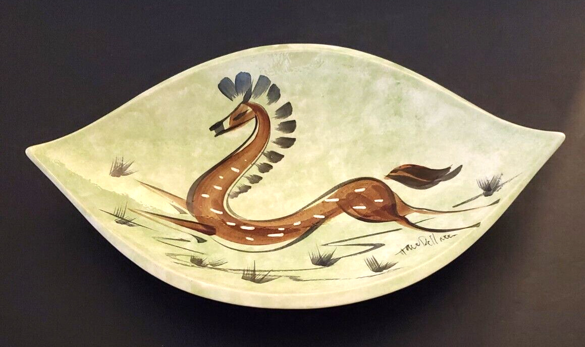 MCM Unique 1968 Ceramic Bowl Hand Painted Gazelle/Deer Signed 15\